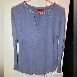 Jennifer Lopez Long Sleeve Periwinkle Lavender Top with Beaded Rhinestone Collar